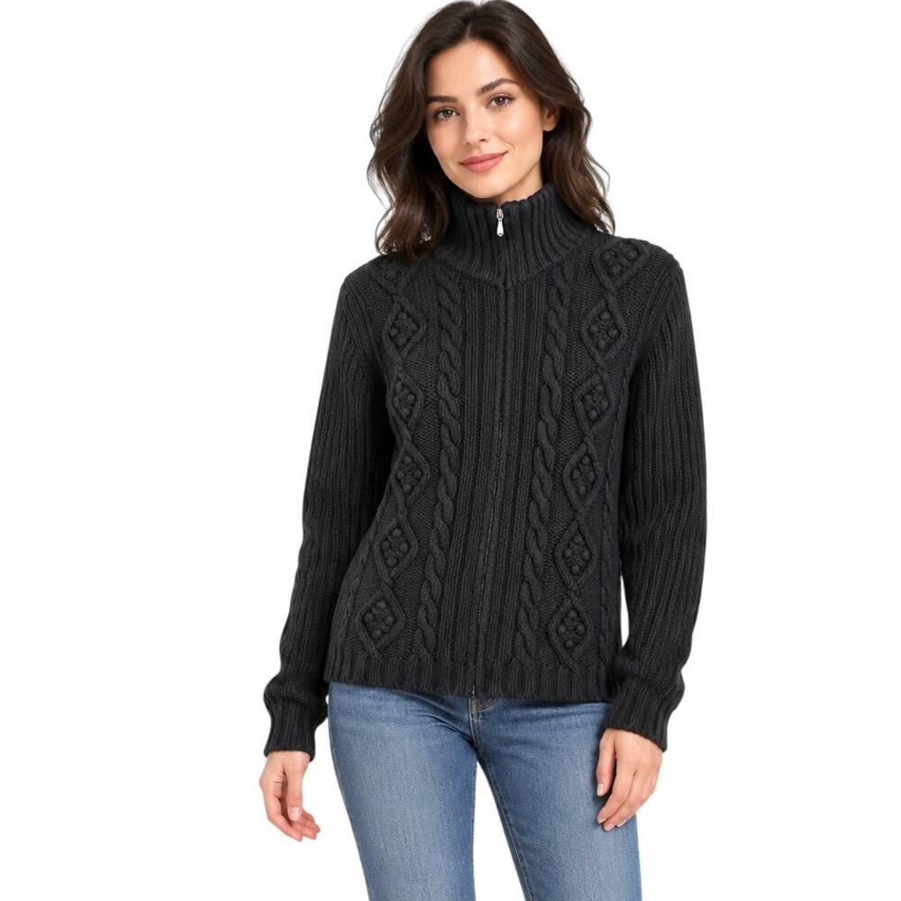 Vintage Benetton Sweater Womens Large Black Cable Knit Full Zip Wool Blend Italy